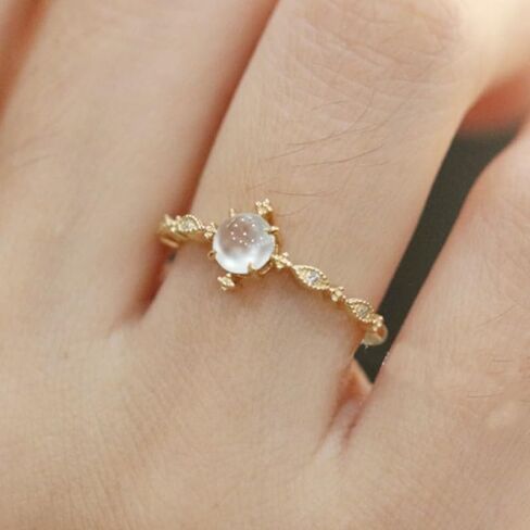 LMCIEZR 18k Yellow Gold Blue Moonstone Open Ring Ring Female Adjustable Light Luxury Setting Gemstone Oval Shape Opal Ring Solitaire Birthstone Ring Eternity Engagement Wedding Band Ring for Women in Kuwait