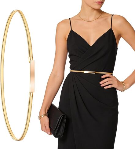 Gold Waist Belt for Women - Stretch Thin Metallic Chain Belt, Adjustable Dress Belt Accessory in Saudi Arabia