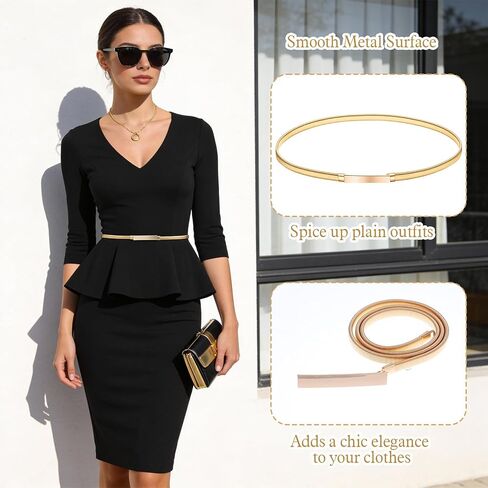 Gold Waist Belt for Women - Stretch Thin Metallic Chain Belt, Adjustable Dress Belt Accessory in Saudi Arabia