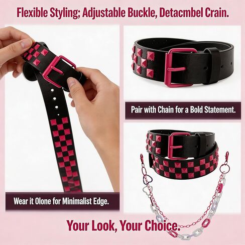 حزام مرصع من INSYOHO Y2K Punk Goth مع سلسلة سراويل الهيب هوب، حزام الخصر الجلدي الجمالي Emo Grunge Grunge Pyramid برشام، سلسلة بنطلون سلسلة مفاتيح ذات طبقات للنساء والرجال الجينز in Kuwait
