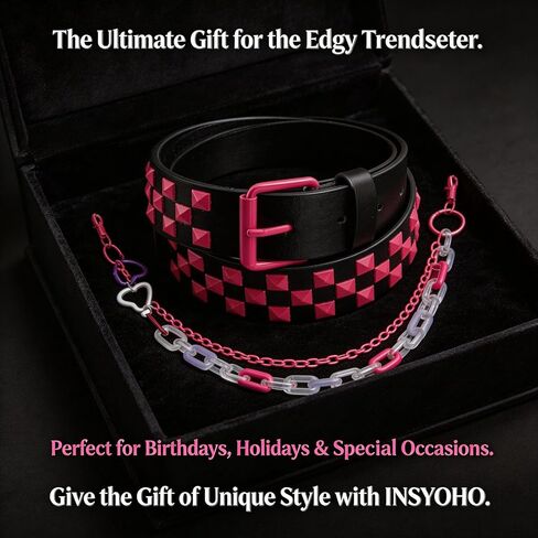 حزام مرصع من INSYOHO Y2K Punk Goth مع سلسلة سراويل الهيب هوب، حزام الخصر الجلدي الجمالي Emo Grunge Grunge Pyramid برشام، سلسلة بنطلون سلسلة مفاتيح ذات طبقات للنساء والرجال الجينز in Kuwait