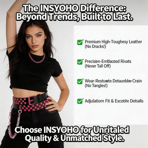 حزام مرصع من INSYOHO Y2K Punk Goth مع سلسلة سراويل الهيب هوب، حزام الخصر الجلدي الجمالي Emo Grunge Grunge Pyramid برشام، سلسلة بنطلون سلسلة مفاتيح ذات طبقات للنساء والرجال الجينز in Kuwait