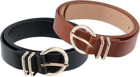 2 Pcs Womens Leather Belt, All-match Belts Fashion Belt, with Gold Round Metal Buckle, Belts for Jeans Pants (Black +Brown) in Saudi Arabia