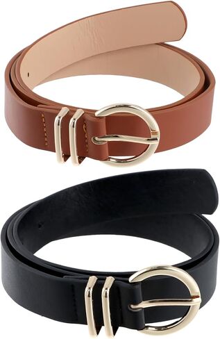2 Pcs Womens Leather Belt, All-match Belts Fashion Belt, with Gold Round Metal Buckle, Belts for Jeans Pants (Black +Brown) in Saudi Arabia