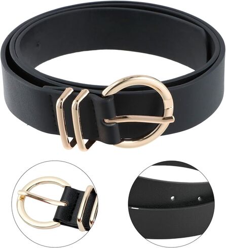 2 Pcs Womens Leather Belt, All-match Belts Fashion Belt, with Gold Round Metal Buckle, Belts for Jeans Pants (Black +Brown) in Saudi Arabia