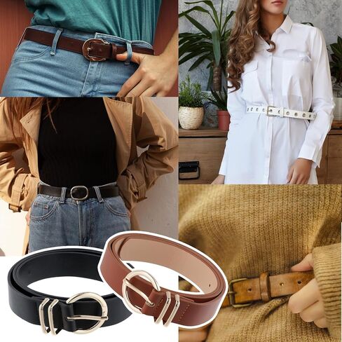 2 Pcs Womens Leather Belt, All-match Belts Fashion Belt, with Gold Round Metal Buckle, Belts for Jeans Pants (Black +Brown) in Saudi Arabia