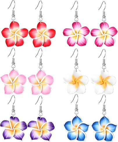 coadipress 6 Pairs Hawaiian Tropical Plumeria Rubra Drop Earrings for Women Bohemia Lovely Flower Luau Beach Dangle Earrings Summer Vacation Party Accessories Gifts in Saudi Arabia
