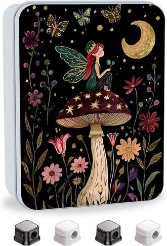 Metal Tin Box with Lid,Multi-functional Storage Box Can Store Tea Biscuits Game Cards, Playing & Tarot Cards-Comes with 4 Magnetic Cord Clips,Mushroom Fairy in Kuwait
