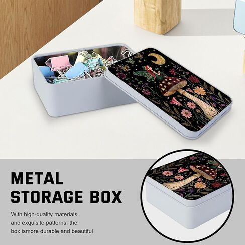 Metal Tin Box with Lid,Multi-functional Storage Box Can Store Tea Biscuits Game Cards, Playing & Tarot Cards-Comes with 4 Magnetic Cord Clips,Mushroom Fairy in Kuwait