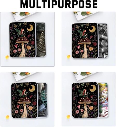Metal Tin Box with Lid,Multi-functional Storage Box Can Store Tea Biscuits Game Cards, Playing & Tarot Cards-Comes with 4 Magnetic Cord Clips,Mushroom Fairy in Kuwait