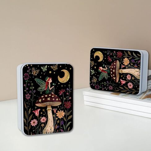 Metal Tin Box with Lid,Multi-functional Storage Box Can Store Tea Biscuits Game Cards, Playing & Tarot Cards-Comes with 4 Magnetic Cord Clips,Mushroom Fairy in Kuwait