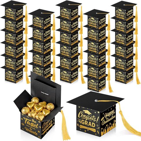 TaoBary 30 Pcs Graduation Cap Candy Box with Tassel Graduation Party Favors Gifts Decorations Grad Cap Box for Candy Chocolate Biscuit Supplies (Black,Orange) in Saudi Arabia