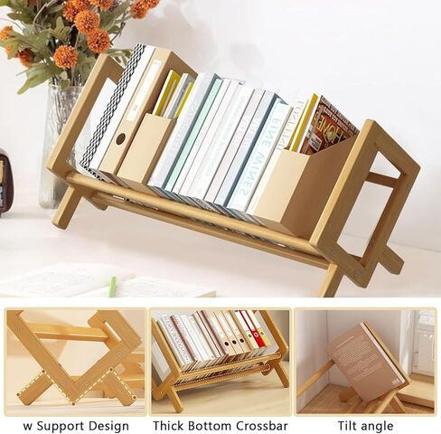 رف الكتب المكتبي من الخيزران منظم تخزين الكتب الكبيرة رفوف حامل المجلات للمنزل والمكتب وغرفة النوم وخزانة الكتب المائلة للكتب والأقراص المضغوطة والملفات وعرض المجلات هدية العودة إلى المدرسة in Kuwait