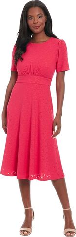 London Times Women's Women's Eyelet Midi A-line Dress with Puff Sleeves - Gathered Waist Empire Cut - Wedding Guest Dress in Saudi Arabia