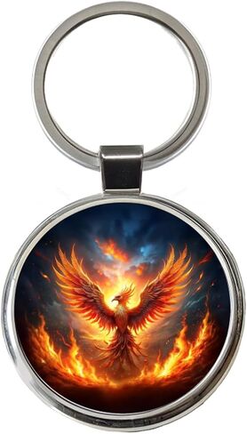 Flaming Phoenix Rising From Ashes Fantasy Bird Round Metal Keychain in Saudi Arabia