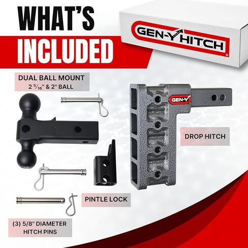 GEN-Y Hitch Tow Hitch for 2.5" Receiver - 9" Drop/Rise with 4 Adjustable Positions, Includes Dual Ball Mount, Pintle Lock and 3 Locking Pins, 21,000 lbs Towing Capacity, 3,000 lbs Tongue Weight in Saudi Arabia