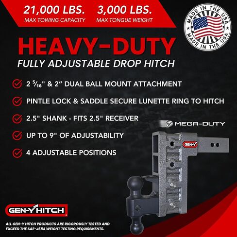 GEN-Y Hitch Tow Hitch for 2.5" Receiver - 9" Drop/Rise with 4 Adjustable Positions, Includes Dual Ball Mount, Pintle Lock and 3 Locking Pins, 21,000 lbs Towing Capacity, 3,000 lbs Tongue Weight in Saudi Arabia