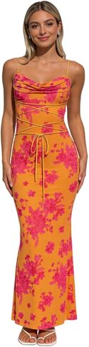 Women's Sleeveless Floral Maxi Dress Wedding Guest Dress Sexy Cowl Neck Lace Up Bodycon Dress Beach Party Dress in Saudi Arabia
