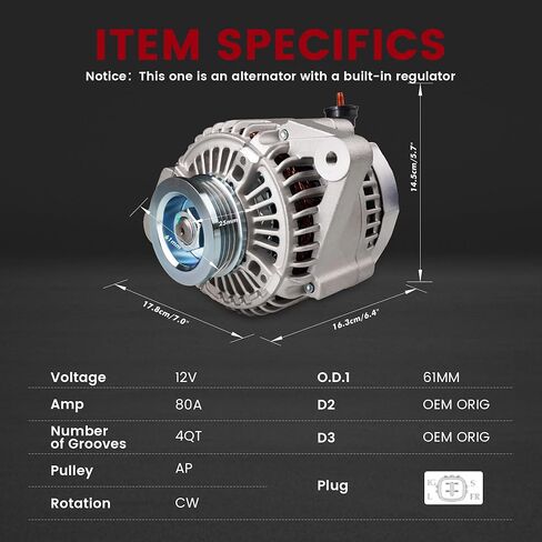 المولد ل/تويوتا ياريس S 2007-2009؛ ياريس بيس 2007-2012; ياريس L,LE 1.5L 2012-2015 80Amp 12V CW 4-Groove Pulley 27060-21150,104210840 in Kuwait
