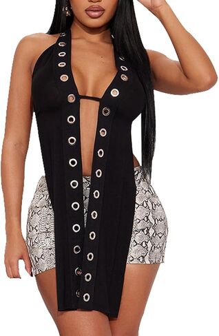 Women's Punk Long Tank Top Hollow Out Gothic Grommet Eyelet Halter Cutout Sleeveless Backless Tie Split Cami Vest in Saudi Arabia
