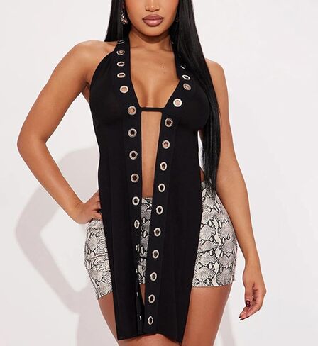 Women's Punk Long Tank Top Hollow Out Gothic Grommet Eyelet Halter Cutout Sleeveless Backless Tie Split Cami Vest in Saudi Arabia