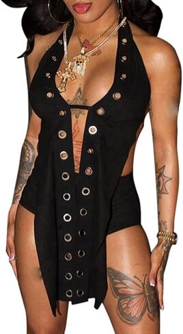 Women's Punk Long Tank Top Hollow Out Gothic Grommet Eyelet Halter Cutout Sleeveless Backless Tie Split Cami Vest in Saudi Arabia