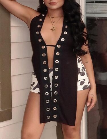 Women's Punk Long Tank Top Hollow Out Gothic Grommet Eyelet Halter Cutout Sleeveless Backless Tie Split Cami Vest in Saudi Arabia