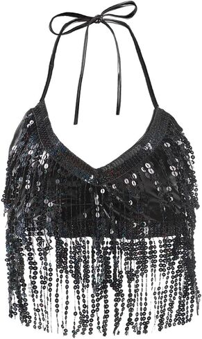 Women Belly Dance Tassel Halter Bra Top Backless Sequin Crop Top Sleeveless Camisole Top Sparkly Club Wear in Saudi Arabia