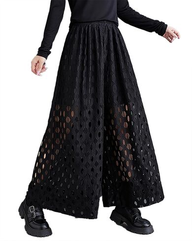 ellazhu Women's Pants Wide Leg Elastic Waist Lace Hollow Solid Two Side Pockets Oversize Loose Casual GZ381 in Saudi Arabia