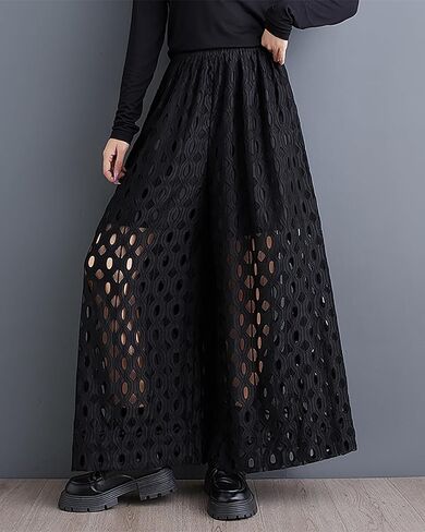 ellazhu Women's Pants Wide Leg Elastic Waist Lace Hollow Solid Two Side Pockets Oversize Loose Casual GZ381 in Saudi Arabia
