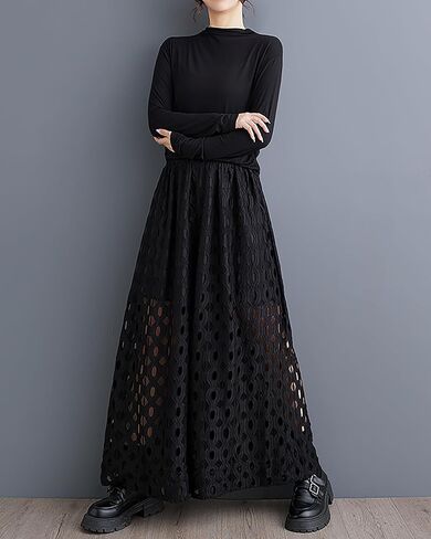 ellazhu Women's Pants Wide Leg Elastic Waist Lace Hollow Solid Two Side Pockets Oversize Loose Casual GZ381 in Saudi Arabia