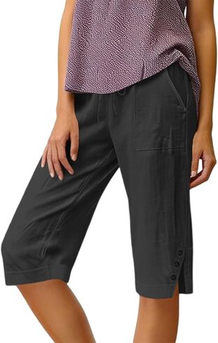 Linen Long Shorts for Women Elastic Waist Plus Size Bermuda Shorts Knee Length Baggy Beach Capri Pants with Pockets in Saudi Arabia