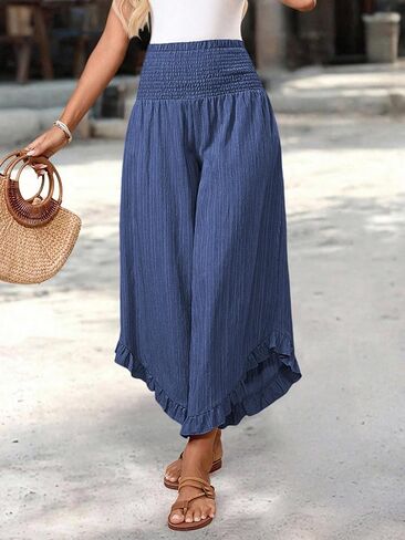 Womens Linen Pants Wide Leg High Waisted Palazzo Pants Summer Flowy Ruffle Hem Beach Boho Lounge Casual Trousers in Saudi Arabia