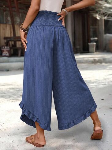 Womens Linen Pants Wide Leg High Waisted Palazzo Pants Summer Flowy Ruffle Hem Beach Boho Lounge Casual Trousers in Saudi Arabia