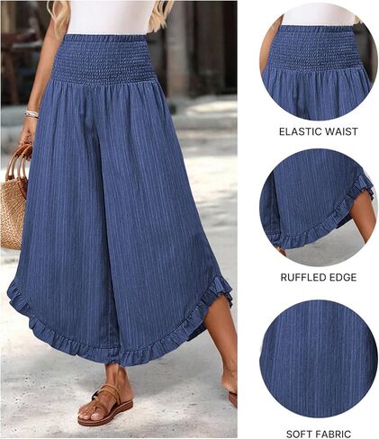 Womens Linen Pants Wide Leg High Waisted Palazzo Pants Summer Flowy Ruffle Hem Beach Boho Lounge Casual Trousers in Saudi Arabia
