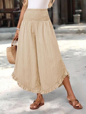 Womens Linen Pants Wide Leg High Waisted Palazzo Pants Summer Flowy Ruffle Hem Beach Boho Lounge Casual Trousers in Saudi Arabia