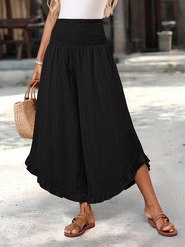 Womens Linen Pants Wide Leg High Waisted Palazzo Pants Summer Flowy Ruffle Hem Beach Boho Lounge Casual Trousers in Saudi Arabia
