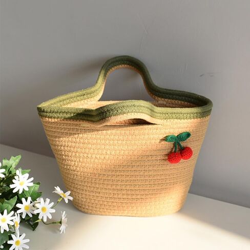 Cotton Bucket Bags For Women Travel Beach Totes Bag Cherry Woven Summer Tote Handmade Straw Beach Hobo Tote Handbag in Kuwait