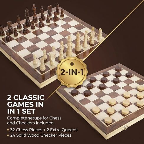 مجموعة شطرنج مغناطيسية خشبية | لوحة شطرنج قابلة للطي مقاس 15 بوصة - ملكتان إضافيتان - لعبة شطرنج مغناطيسية مع فتحات تخزين | مجموعات الشطرنج للكبار | مجموعة شطرنج محمولة مصنوعة يدويًا للسفر للأطفال والمبتدئين in Kuwait