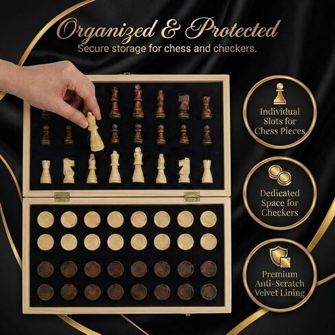 مجموعة شطرنج مغناطيسية خشبية | لوحة شطرنج قابلة للطي مقاس 15 بوصة - ملكتان إضافيتان - لعبة شطرنج مغناطيسية مع فتحات تخزين | مجموعات الشطرنج للكبار | مجموعة شطرنج محمولة مصنوعة يدويًا للسفر للأطفال والمبتدئين in Kuwait