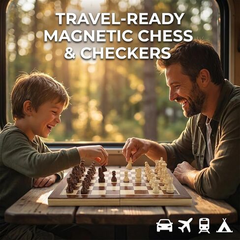 مجموعة شطرنج مغناطيسية خشبية | لوحة شطرنج قابلة للطي مقاس 15 بوصة - ملكتان إضافيتان - لعبة شطرنج مغناطيسية مع فتحات تخزين | مجموعات الشطرنج للكبار | مجموعة شطرنج محمولة مصنوعة يدويًا للسفر للأطفال والمبتدئين in Kuwait