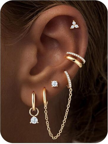 M MOOHAM 7 Pairs Gold Hoop Stud Earrings Set for Women,14K Gold Plated Double Piercing Dangle Chain Huggie Hoop Earrings Hypoallergenic Flat Back Stud Earring Ear Cuff Cartilage Earring for Gifts in Saudi Arabia