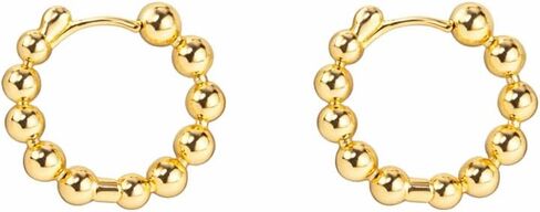 18K Gold Plated Beaded Huggie Hoop Earrings, Polished Ball Design Small Hoop Earrings for Women, Minimalist Round Bead Hoops with Hinged Click Closure, Lightweight Everyday Fashion Jewelry in Saudi Arabia