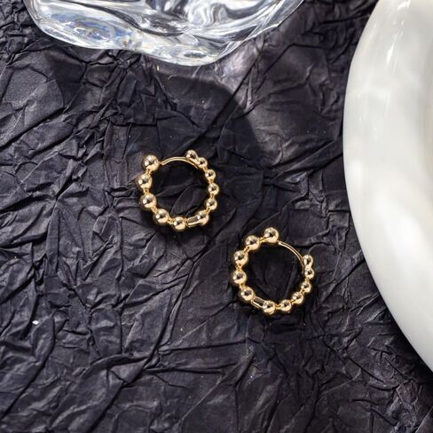 18K Gold Plated Beaded Huggie Hoop Earrings, Polished Ball Design Small Hoop Earrings for Women, Minimalist Round Bead Hoops with Hinged Click Closure, Lightweight Everyday Fashion Jewelry in Saudi Arabia