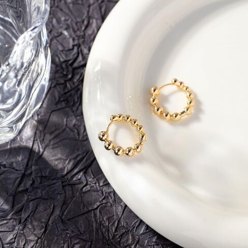 18K Gold Plated Beaded Huggie Hoop Earrings, Polished Ball Design Small Hoop Earrings for Women, Minimalist Round Bead Hoops with Hinged Click Closure, Lightweight Everyday Fashion Jewelry in Saudi Arabia