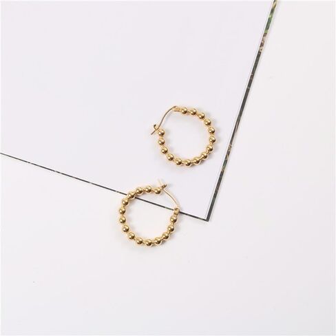 18K Gold Plated Beaded Huggie Hoop Earrings, Polished Ball Design Small Hoop Earrings for Women, Minimalist Round Bead Hoops with Hinged Click Closure, Lightweight Everyday Fashion Jewelry in Saudi Arabia