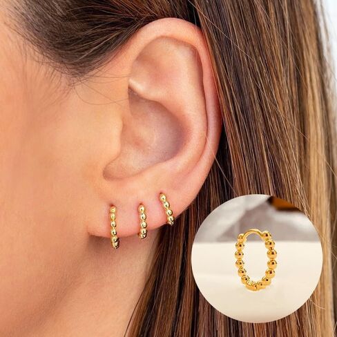18K Gold Plated Beaded Huggie Hoop Earrings, Polished Ball Design Small Hoop Earrings for Women, Minimalist Round Bead Hoops with Hinged Click Closure, Lightweight Everyday Fashion Jewelry in Saudi Arabia