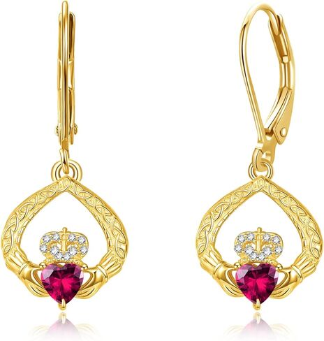 Leverback Hoop Gold Claddagh Earrings 925 Sterling Silver Hypoallergenic Hoop Earrings Gold Irish Claddagh Wedding Anniversary Birthday Celtic Birthstone Jewelry Gifts for Women in Kuwait