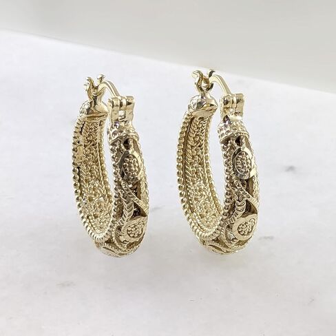 18K Gold Plated Hoop Earrings for Women, 30mm Vintage Filigree Gold Hoops, Lightweight and Comfortable, Elegant Statement Earrings, Gift for Special Occasions in Saudi Arabia