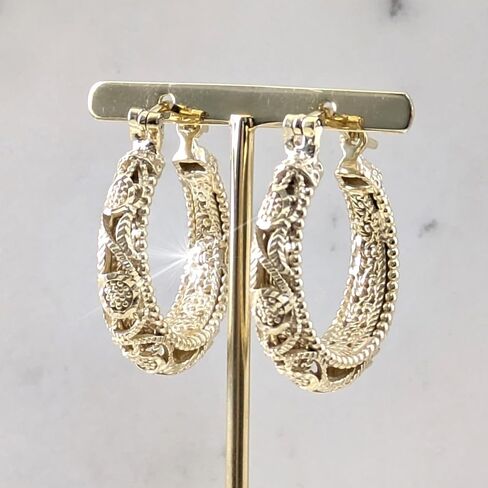 18K Gold Plated Hoop Earrings for Women, 30mm Vintage Filigree Gold Hoops, Lightweight and Comfortable, Elegant Statement Earrings, Gift for Special Occasions in Saudi Arabia